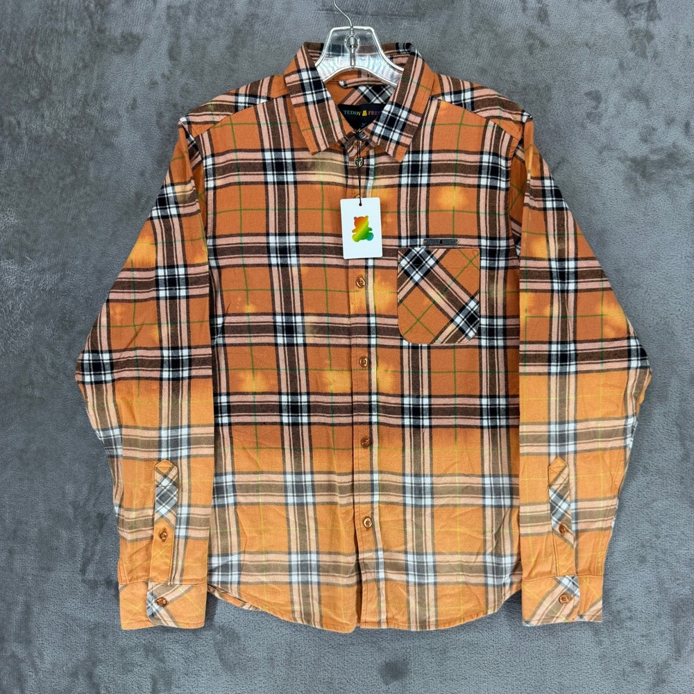 Teddy Fresh Flannel Shirt Mens XS Orange Plaid Bleach Acid Wash Button Down NEW